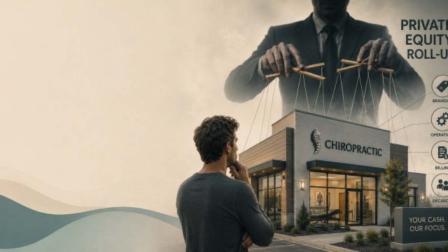 Who Really Owns Your Chiropractic Clinic? Outside chiropractic clinic as giant hands pull the building with strings, captioned 'Private Equity Roll-Up'