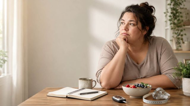 The Emotional Toll of Weight Loss & Insulin Resistance Woman sits at a wooden table, resting her chin in a thoughtful pose, with a bowl of berries, a notebook, a mug, and a measuring tape nearby.
